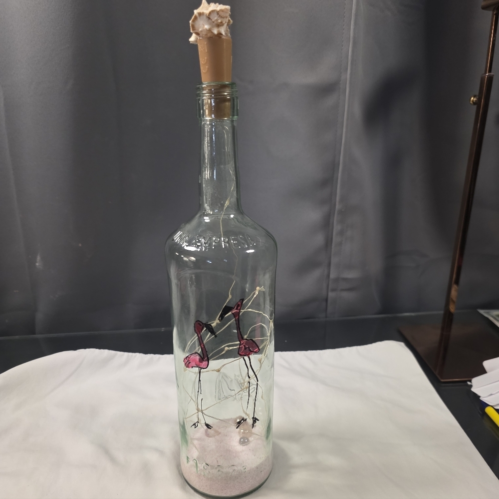 Hand-Painted Flamingo Bottle Light – Handmade by Local Artist